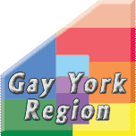 The GayYorkRegion logo: A symbolic map of the region using rainbow colours to represent the nine municipalities of Aurora, East Gwillimbury, Georgina, King, Markham, Newmarket, Richmond Hill, Vaughan and Whitchurch-Stouffville